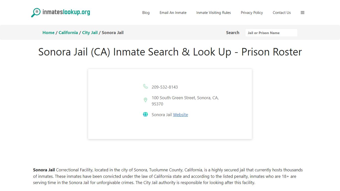 Sonora Jail (CA) Inmate Search & Look Up - Prison Roster
